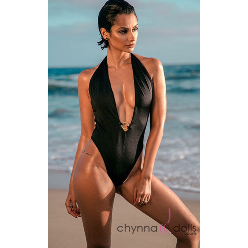 Denise: Halter Deep Plunge One Piece w/Gold Ring in Solid Black