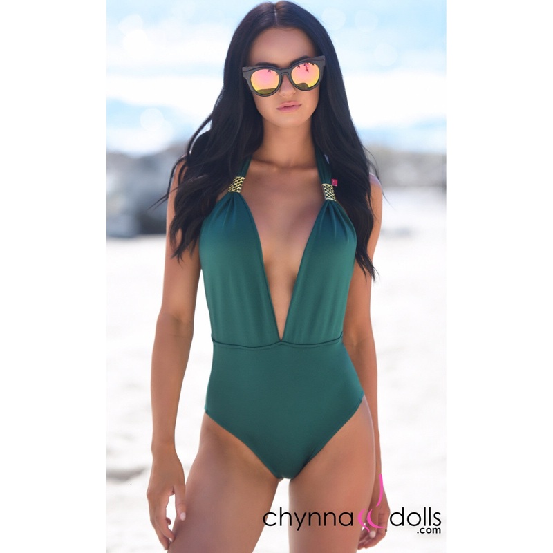 Selma: Deep Plunge One Piece w/ Gold Brooch in Hunter Green