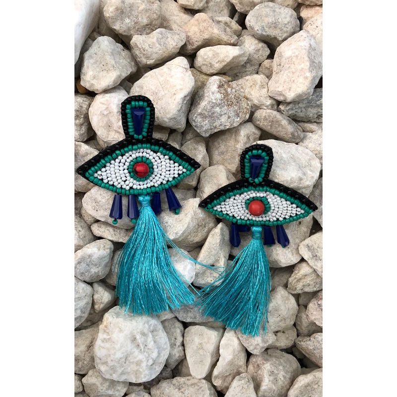 Earring: Evil Eye Beaded Tassel Earrings in Teal