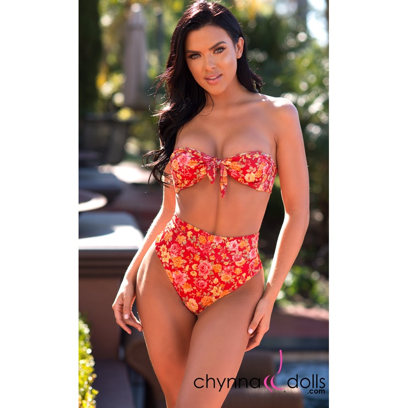 Malibu: High Waisted Bikini in Red Garden