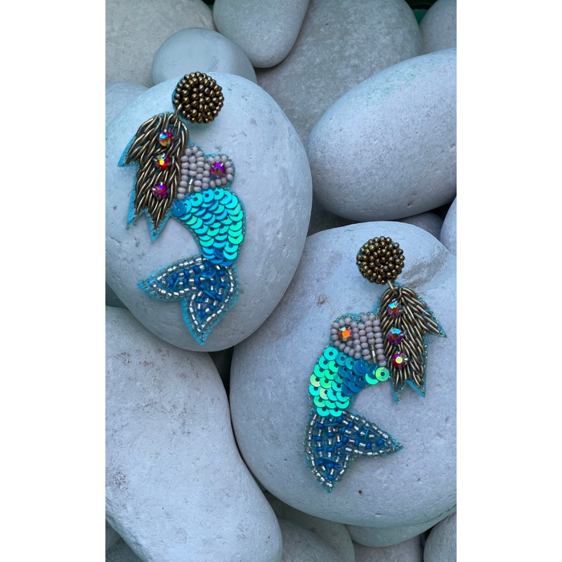 Ari: Hand Beaded w/ Sequins Mermaid Earring in Blue