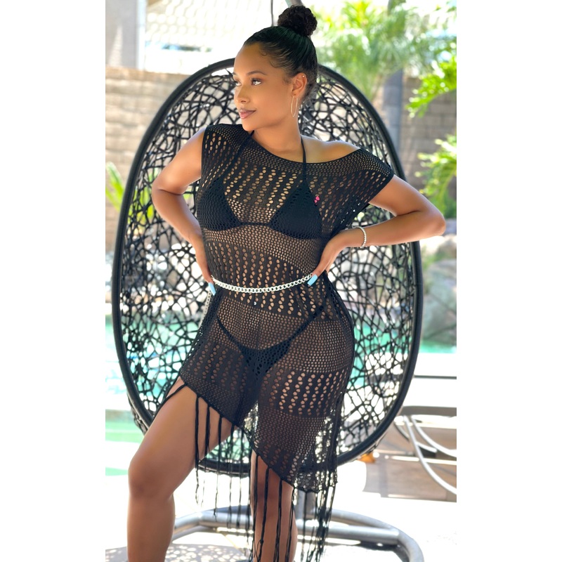 Nora: Knitted Fringe Cover-up in Black