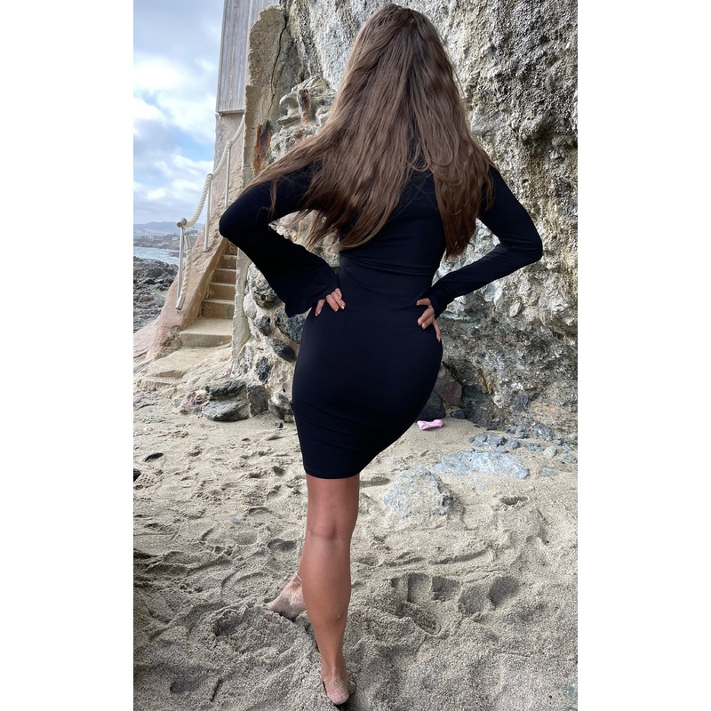 Paige: Cut Out Shoulder High Neck Dress in Black