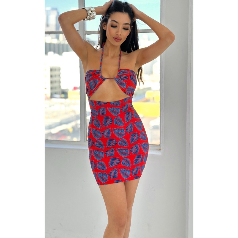 Niki: Drawstring Mini-Dress Red/Blue Palms