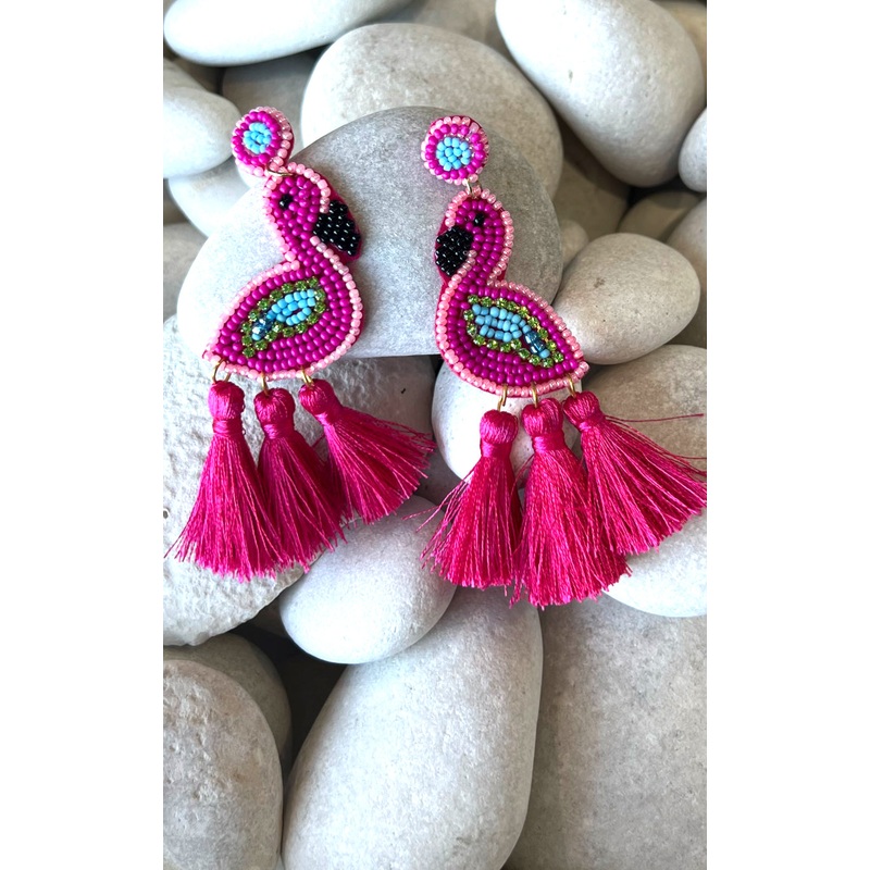 Earring: Beaded Flamingo Earrings w/ Tassels