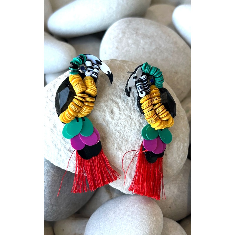 Earring: Beaded Parrot Earrings w/ Tassel