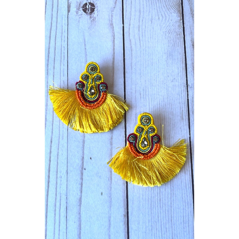 Earring: Yellow Beaded Earrings with Tassel