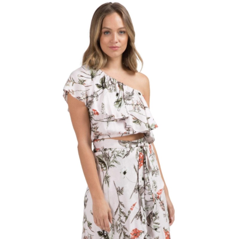Elan Ruffled One Shoulder Crop Top in Pale Pink Botanical SCP1908-PPK-BO