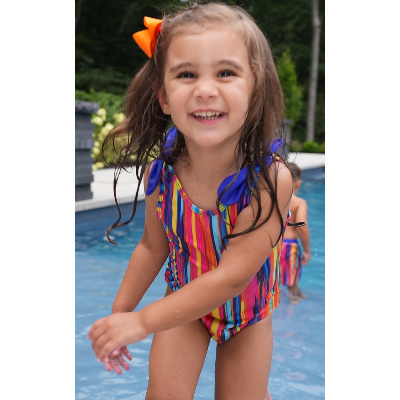 Minnie: Girl's Swimsuit in Stripes with Royal Bows