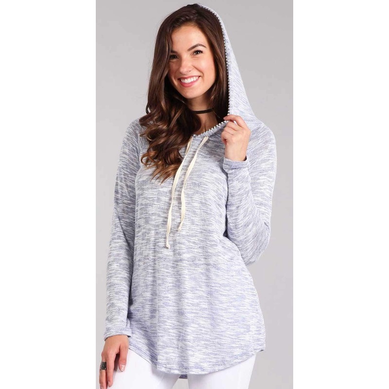 Chris and Carol Heathered Knit Long Sleeve Top with Striped Hoodie in Blue 1610080T
