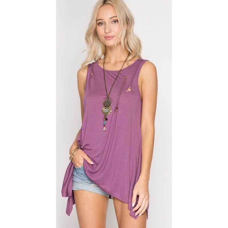 She + Sky Sleeveless Top with Braided Cutout Detail SL5262