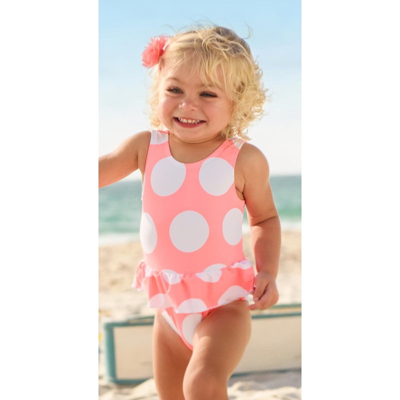 Snapperrock Little Girl's Neon Coral Spot Skirted Swimsuit G13075