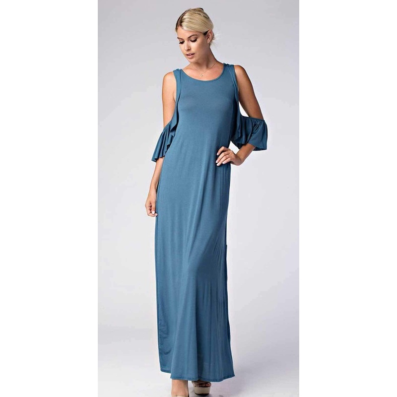 Love In Cold Shoulder Round Neck Ruffle Maxi Dress D10278