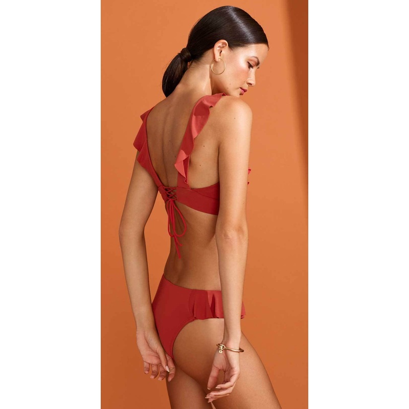 Robin Piccone Lina Ruffle Tab Side Bottom in Auburn 181265-AUB