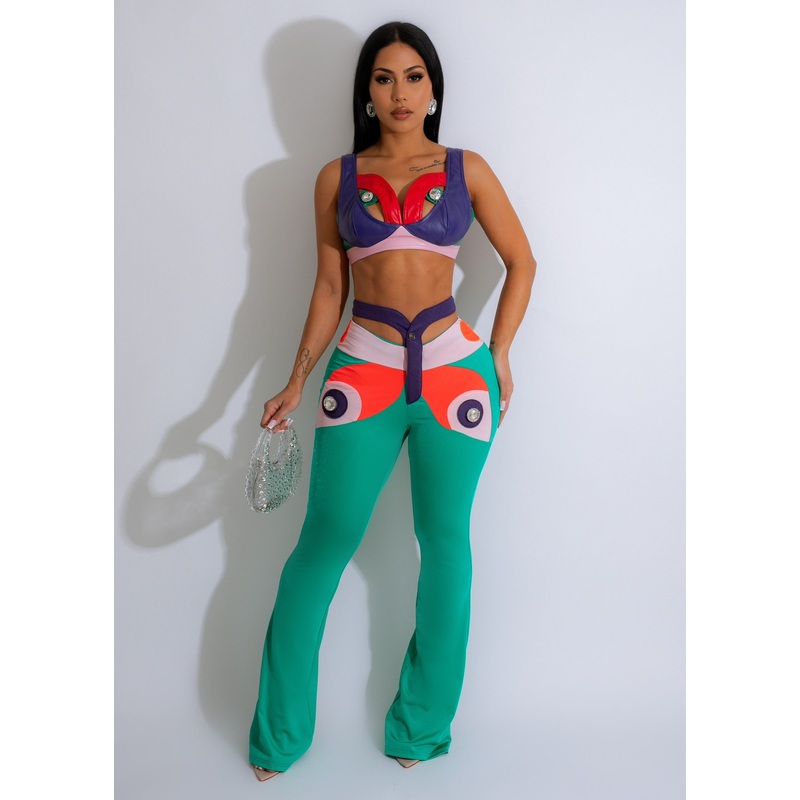 Butterfly Faux Leather Flare Legging Set Green