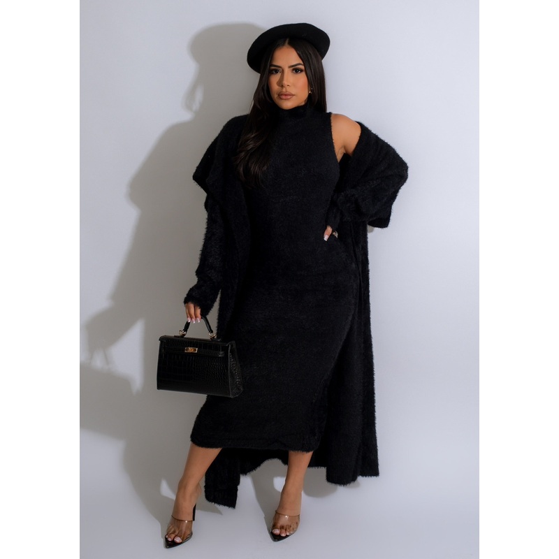 Comfy Teddy Bear Midi Dress Set Black