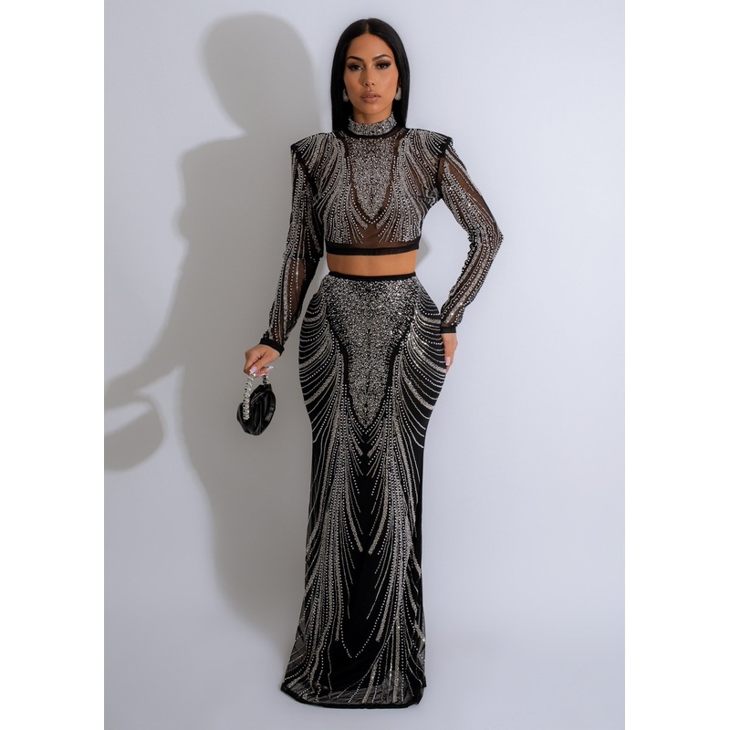 Holly Nights Mesh Sequin Pearls Skirt Set Black