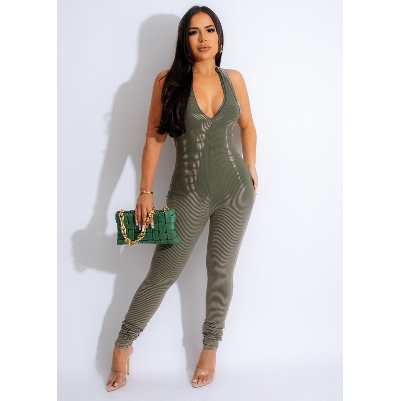 Stronger Ribbed Tie Dye Jumpsuit Green