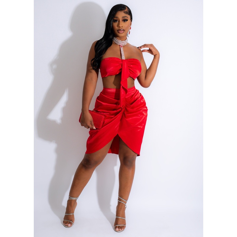 Vision Of Love Satin Rhinestones Skirt Set Red