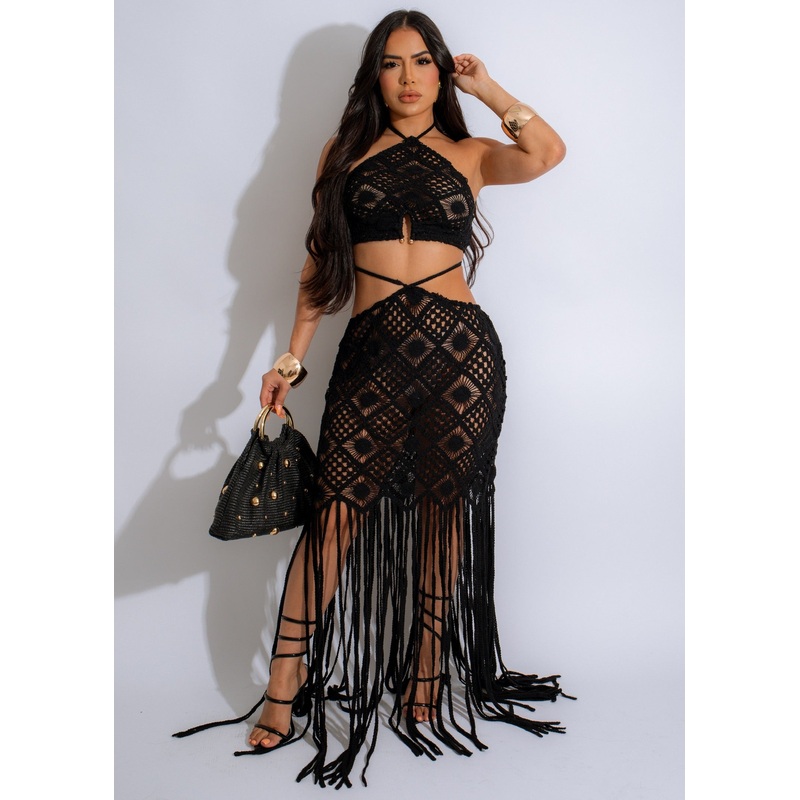 Bohemian Dreams Crochet Skirt Set Black