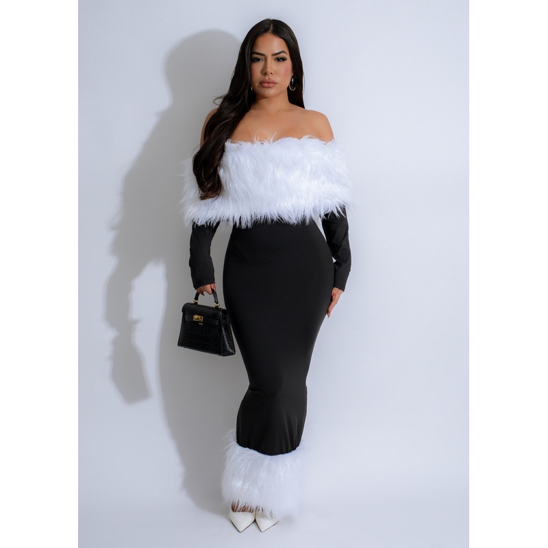 Arctic Glam Fur Midi Dress Black