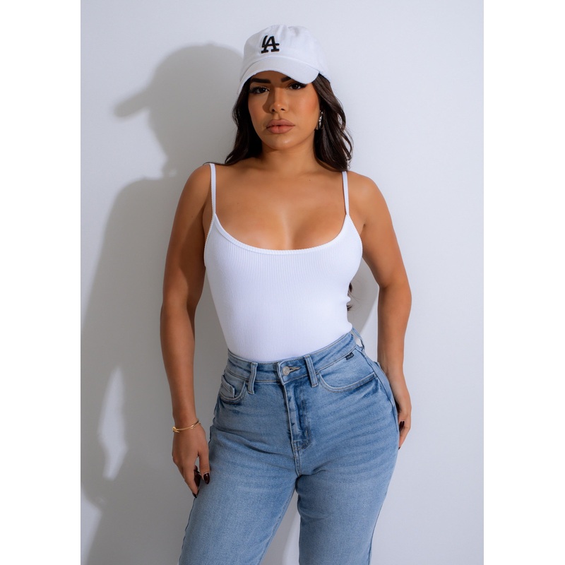 Caught In The Drama Ribbed Bodysuit White