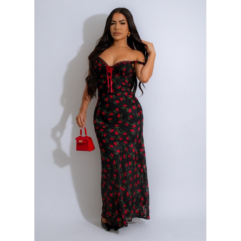 Crimson Blooms Maxi Dress Black