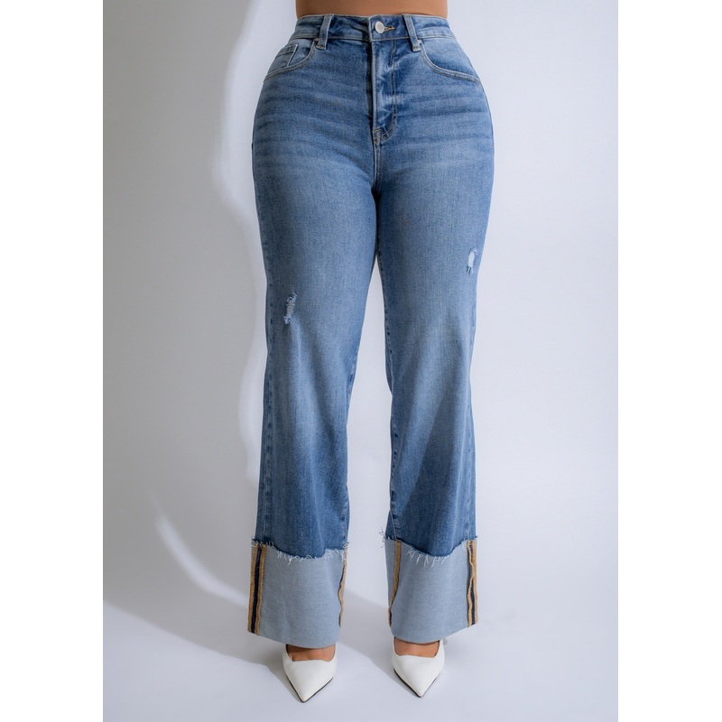Cuffed Edge Distressed Jeans Light Denim