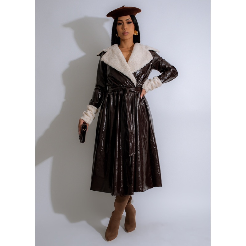 Midnight Glacier Faux Leather Coat Brown