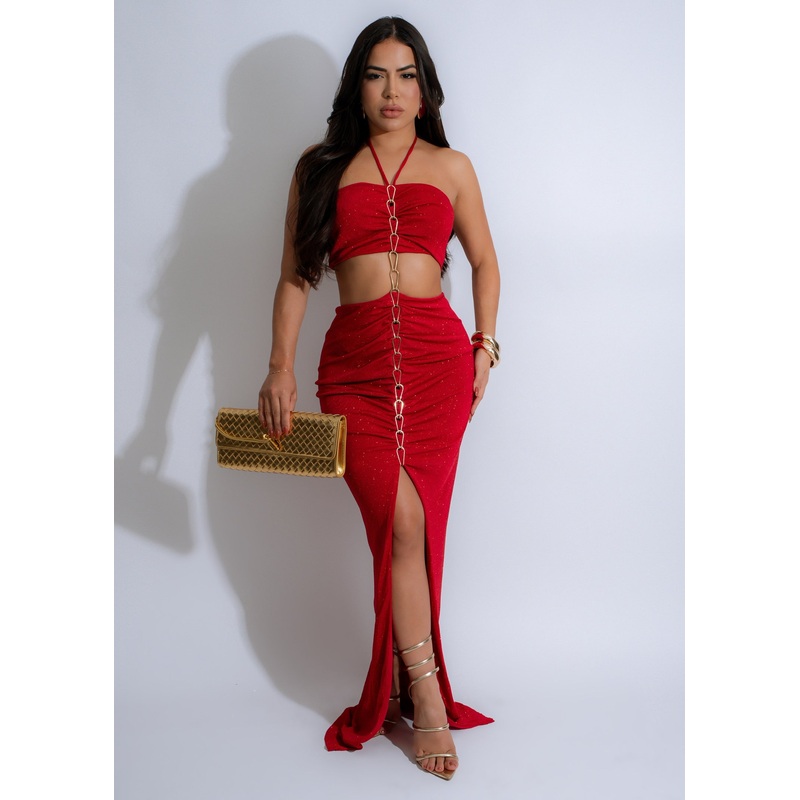 Nightfall Glamour Ruched Maxi Dress Red