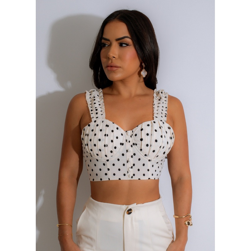Polka Dot Charm Crop Top White
