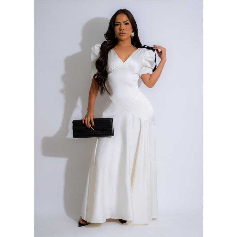 Ribbon Elegance Satin Maxi Dress White