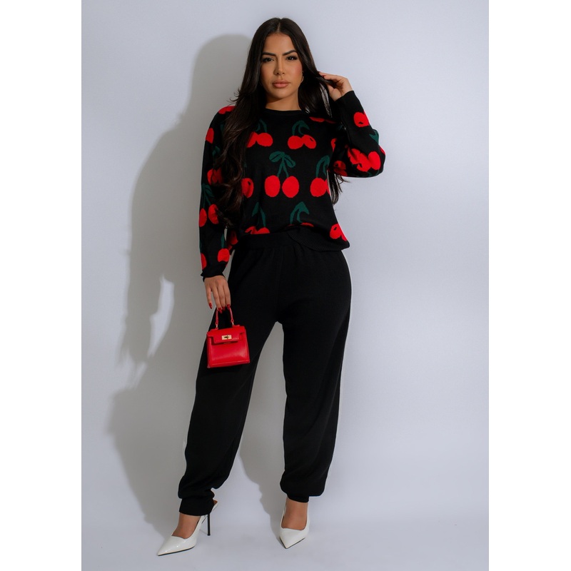 Sweet Orchard Cherry Lounge Knit Pant Set Black