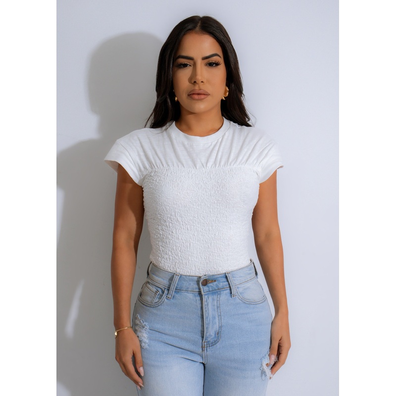 Textured Cascade Tee Crop Top White