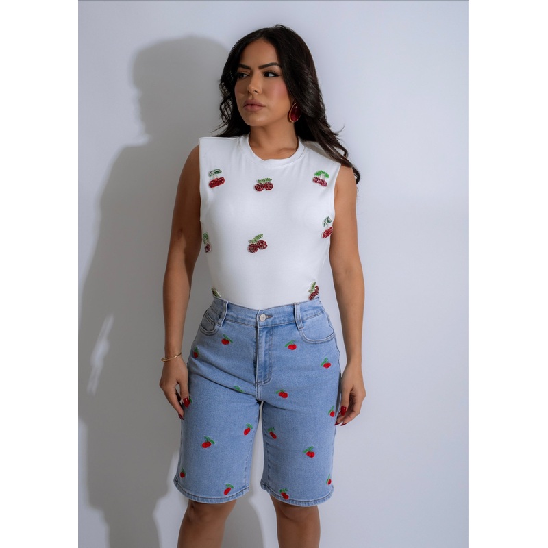Berry Sweet Cherry Rhinestone Crop Top White