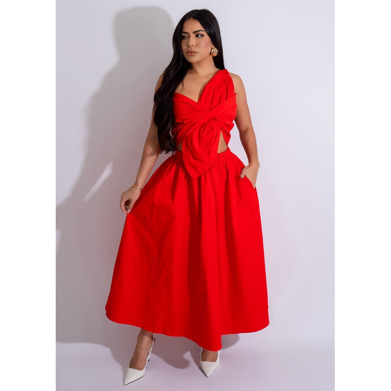 Botanical Bow Midi Dress Red