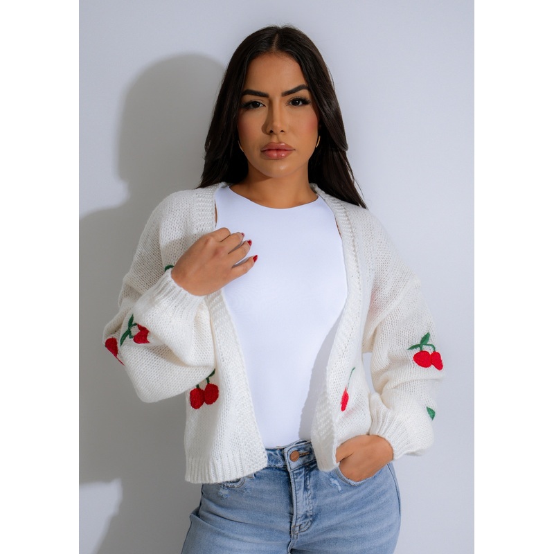 Cherry Delight Knit Sweater White