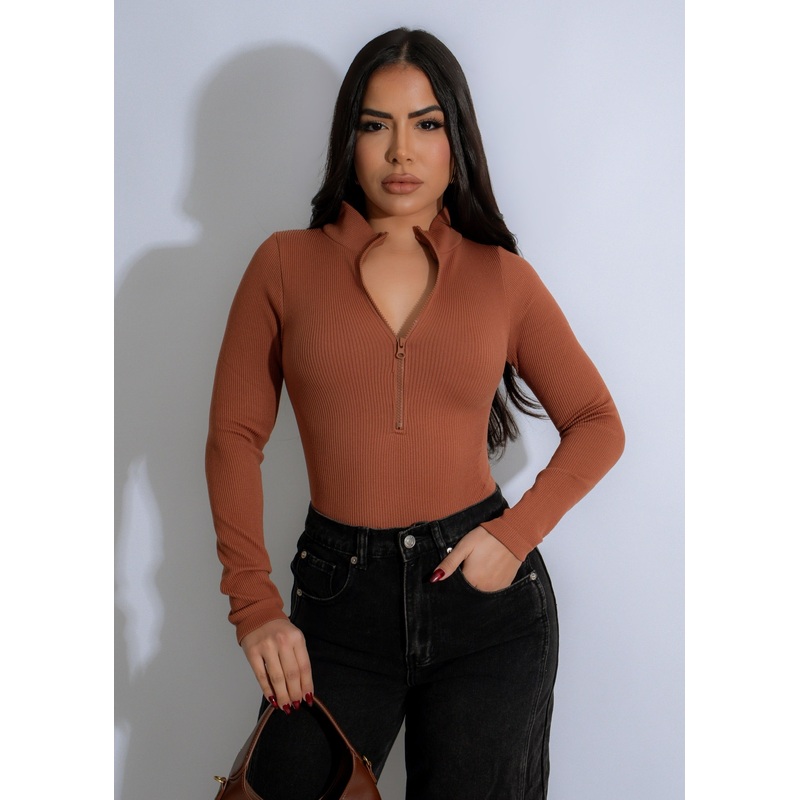 Contour Zip Ribbed Bodysuit Brown