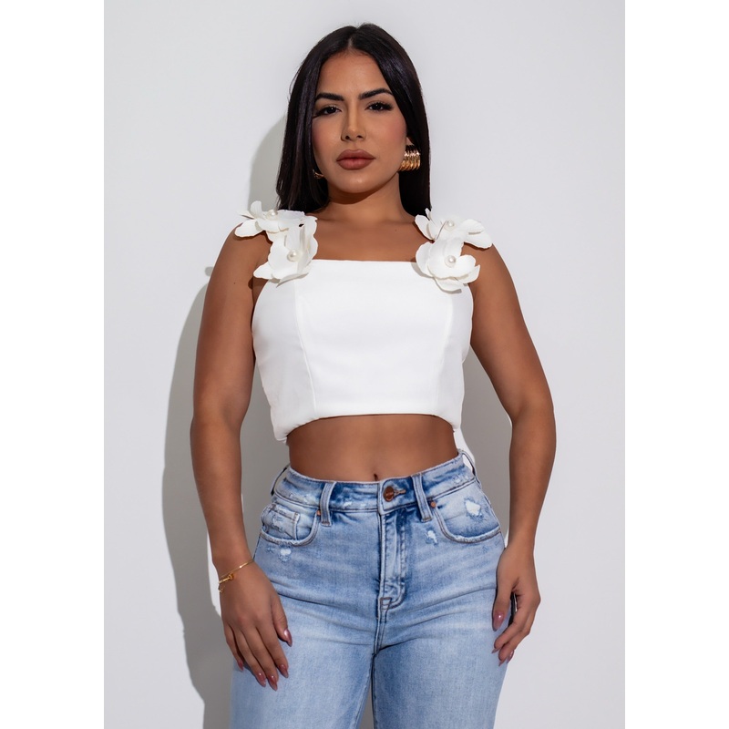 Floral Luxe Pearls Crop Top White