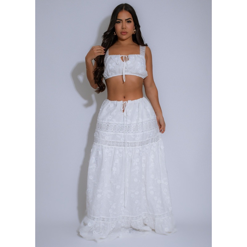 Luxe Garden Lace Floral Skirt Set White