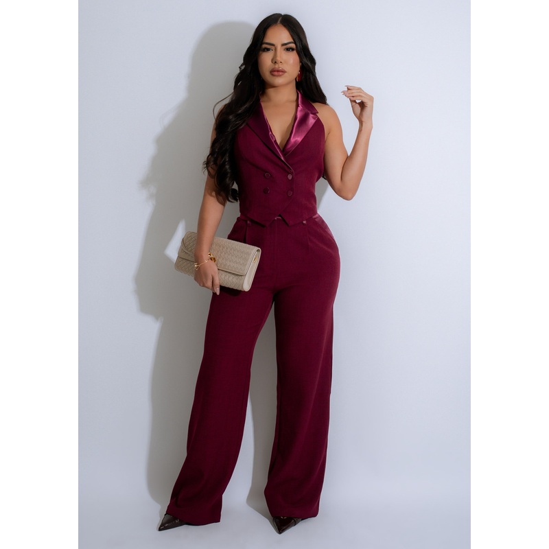 Mulberry Muse Satin Pant Set Red