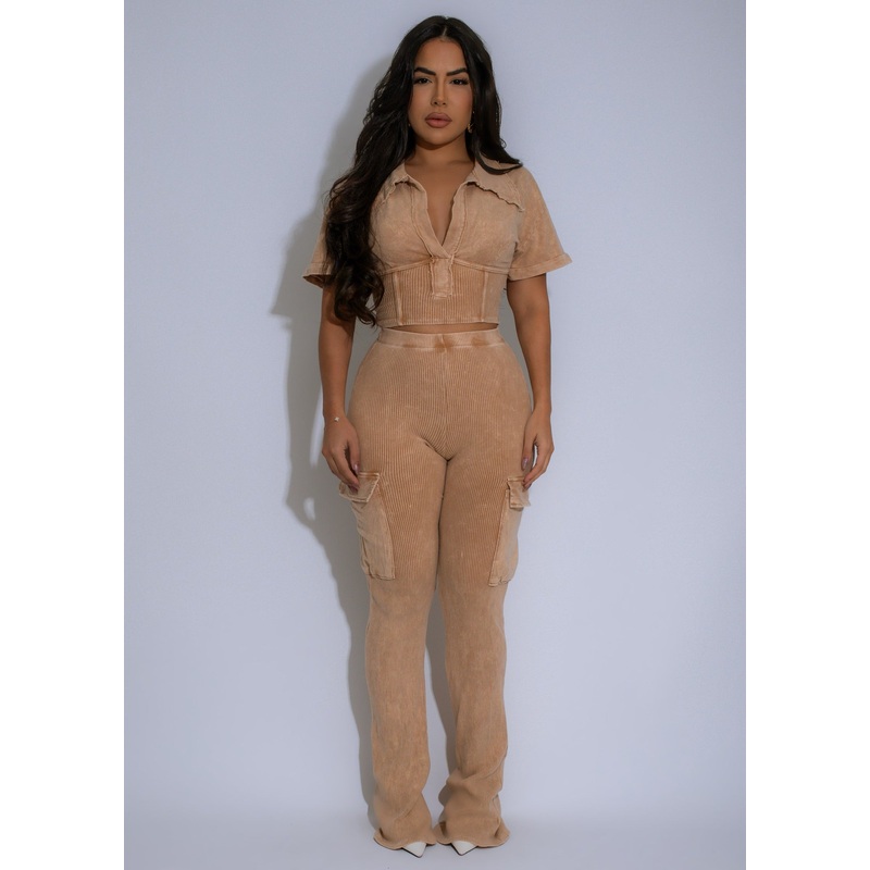Plush Horizon Ribbed Cardo Pant Set Nude
