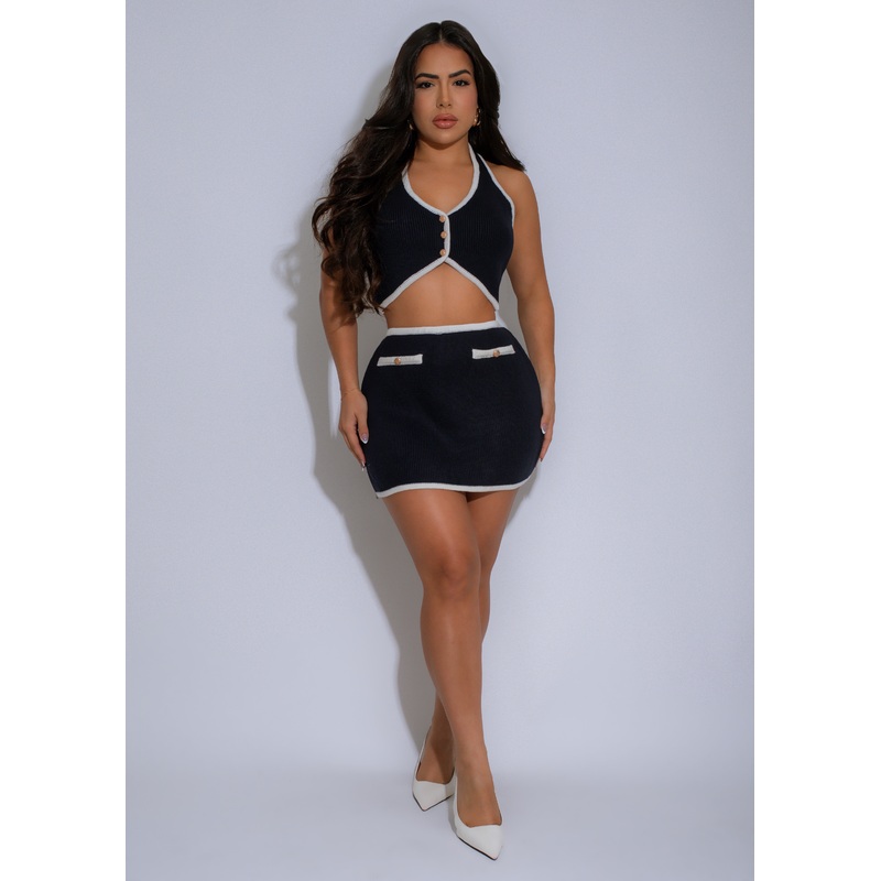 Sophisticated Edge Knit Skirt Set Blue