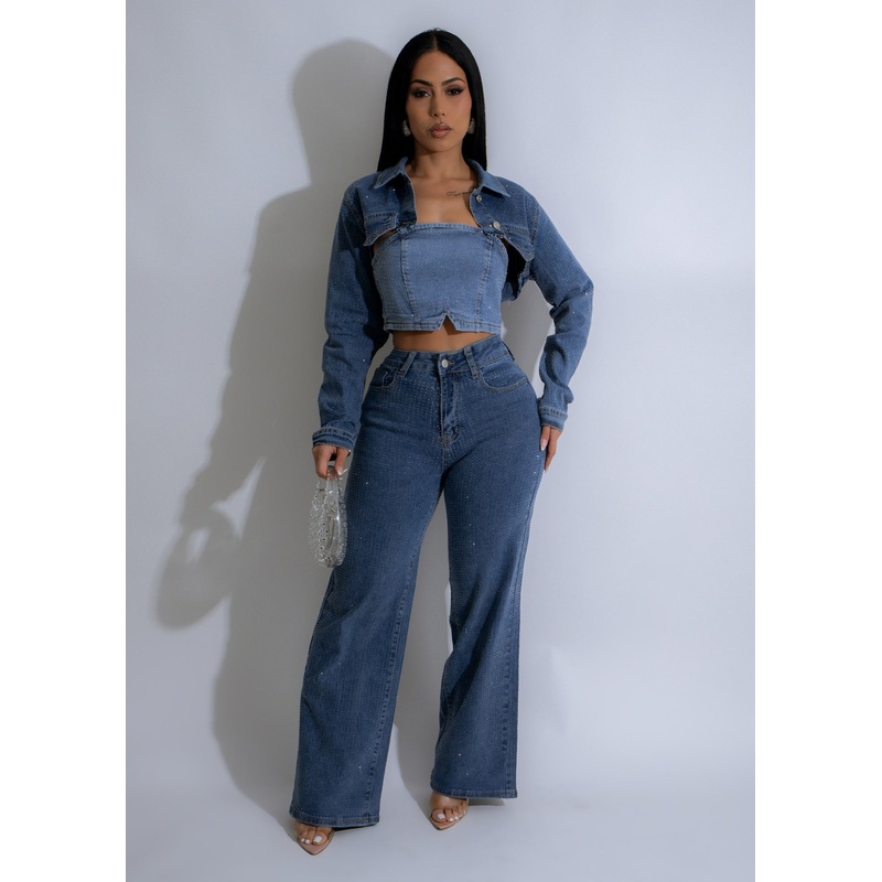 Stardust Rhinestone Pant Set Denim