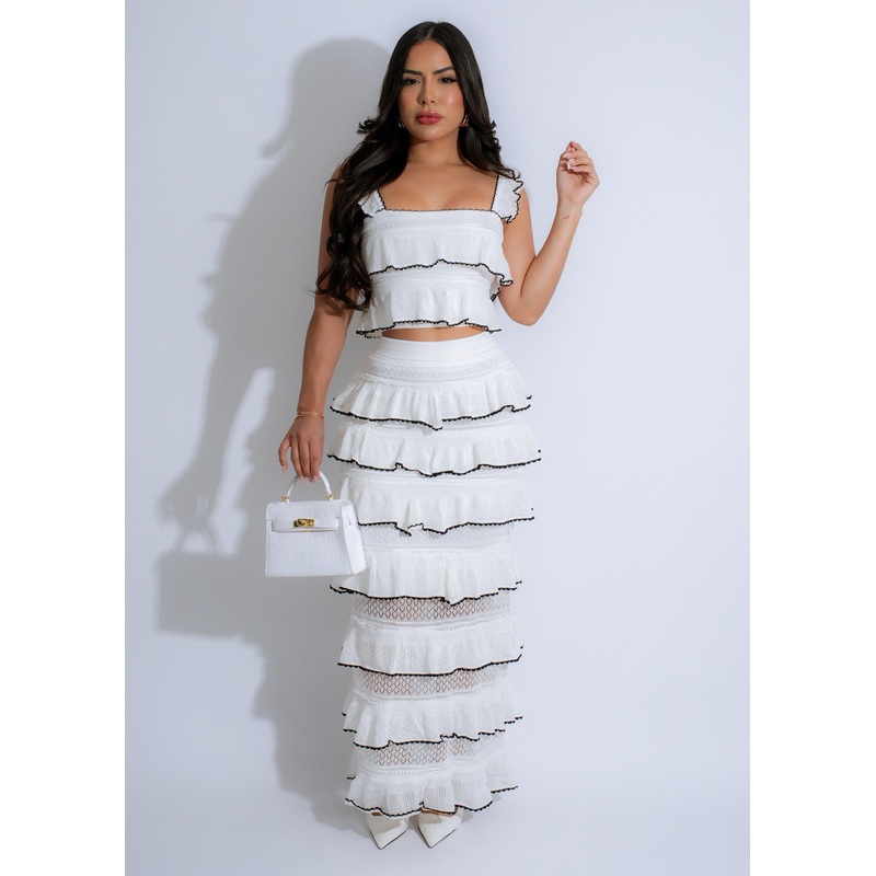 Tango Ruffle Ensemble Knit Skirt Set White