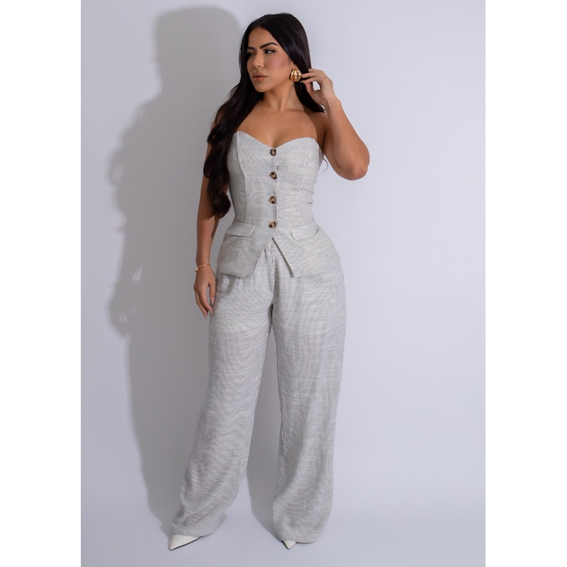 Urban Escape Stripes Linen Pant Set White