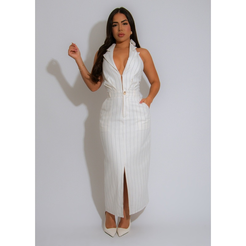 Elite Essence Stripes Linen Midi Dress White