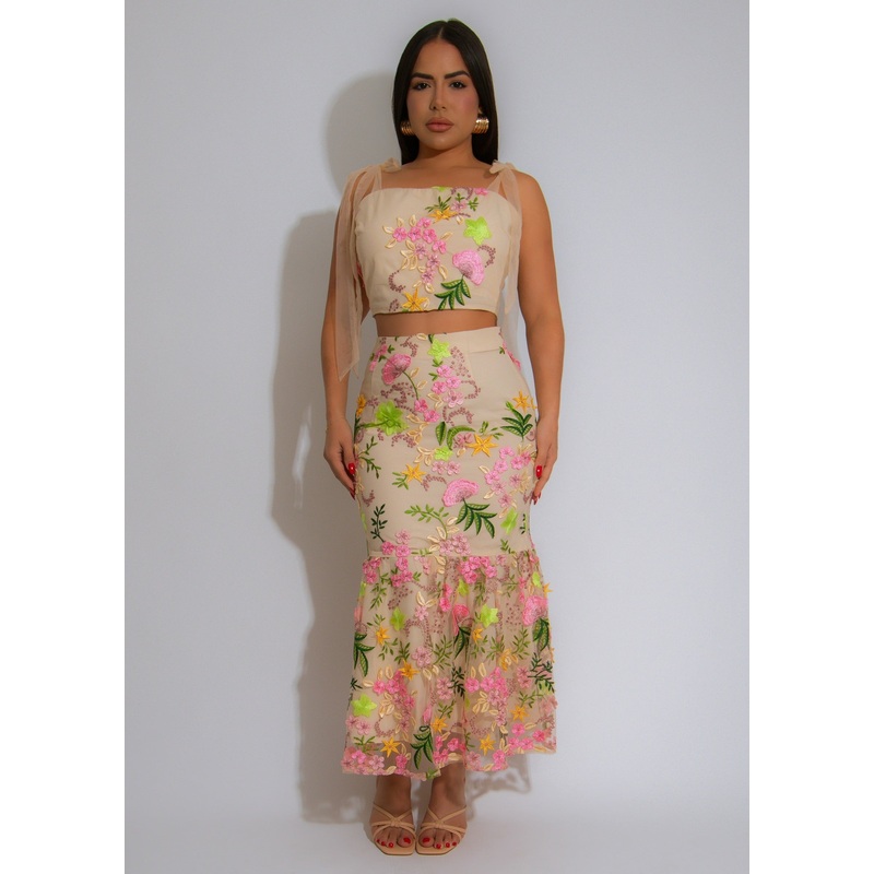 Floral Enchantment Mesh Skirt Set Nude