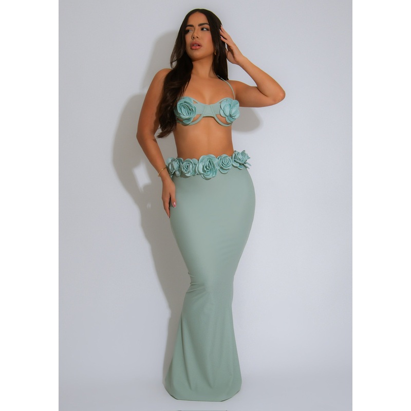 Garden Muse Floral Skirt Set Green