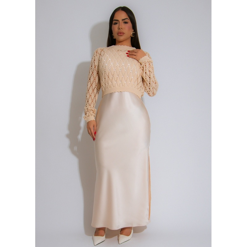 Ivory Serenity Satin Crochet Maxi Dress Nude
